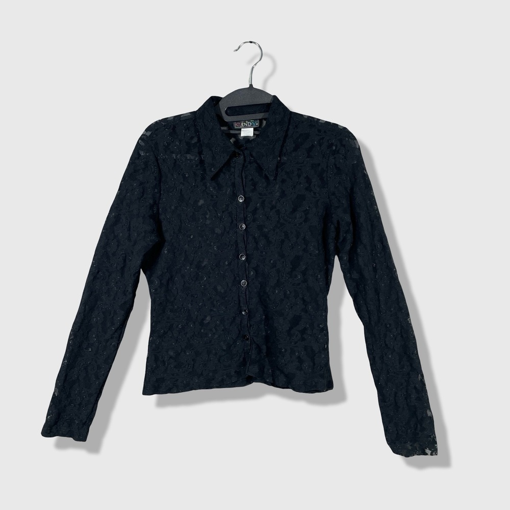 Eye Candy Lace Button Up Shirt Womens Medium Black Whimsygoth Grunge Y2K